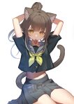  1girl adjusting_hair animal_ears black_serafuku black_shirt black_skirt brown_hair cat_ears cat_tail cropped_shirt highres long_hair mouth_hold navel original pleated_skirt rk_(rktorinegi) sailor_collar school_uniform serafuku shirt skirt sweat tail yellow_eyes 