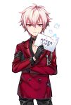  1boy afterl!fe closed_mouth copyright_name crossed_arms ear_piercing earrings gloves highres hwaen jewelry long_sleeves looking_at_viewer male_focus piercing pink_eyes pink_hair short_hair sian_(afterl!fe) sign solo white_background 