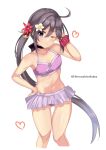  1girl absurdres akebono_(kancolle) akebono_kai_ni_(kancolle) ass_visible_through_thighs bell bikini bikini_skirt commentary_request cowboy_shot flat_chest flower hair_bell hair_flower hair_ornament highres himura_moritaka jingle_bell kantai_collection long_hair one-hour_drawing_challenge one_eye_closed pink_bikini purple_eyes purple_hair side_ponytail simple_background solo standing swimsuit very_long_hair white_background 
