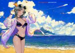  1girl arms_up bangs bare_shoulders beach bikini black_choker black_ribbon blue_sky breasts canking choker cityscape cleavage cloud coat collarbone cowboy_shot crown day eyewear_on_head front-tie_bikini front-tie_top green_eyes green_hair long_sleeves looking_at_viewer medium_breasts navel ocean off_shoulder open_clothes open_coat original outdoors parted_bangs parted_lips purple_coat ribbon short_hair sky smile solo stomach sunglasses swimsuit water 