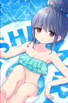  1girl :o bikini blue_hair frilled_bikini frills hair_bun highres innertube mint_(mintlemonade3) purple_eyes scrunchie shima_rin solo strapless strapless_bikini swimsuit water wet yurucamp 