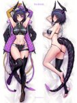  1girl absurdres armpits arms_up ass asymmetrical_gloves bare_arms bare_shoulders barefoot bikini bikini_pull black_bikini black_buruma black_hair black_jacket black_shirt black_thighhighs breasts buruma clickdraws clothes_pull crop_top dakimakura_(medium) dragon_horns dragon_tail elbow_gloves eyewear_on_head fang feet full_body gloves grin headphones headphones_around_neck heterochromia highres honeycomb_(pattern) horns jacket jacket_removed large_breasts looking_at_viewer lying midriff mismatched_gloves multiple_views navel on_back on_side parted_lips purple_eyes scar scar_across_eye shirt short_hair single_thighhigh sleeveless sleeveless_shirt smile soles stomach stomach_tattoo strapless strapless_bikini string_bikini suki_sekine swimsuit tail tattoo thigh_strap thighhighs thighs toeless_legwear toes vrchat yellow_eyes 