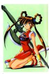  1990s_(style) 1girl absurdres bangs bracelet breasts brown_hair china_dress chinese_clothes dress full_body gold_trim green_eyes highres jewelry long_hair mamono_hunter_youko mano_youko medium_breasts non-web_source official_art retro_artstyle scan shoes simple_background sleeveless solo sword twintails weapon yin_yang 