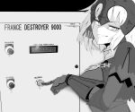  1girl absurdres armor armored_dress chain english_text fate/grand_order fate_(series) greyscale grin headpiece highres jeanne_d&#039;arc_alter_(avenger)_(fate) jeanne_d&#039;arc_alter_(fate) looking_at_viewer looking_back monochrome pressing pushbutton sally_(luna-arts) smile smug solo 