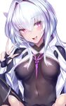  1girl :d barefoot blush bodysuit covered_navel covered_nipples fate/grand_order fate/grand_order_arcade fate_(series) hair_intakes highres hood long_hair merlin_(fate/prototype) open_mouth pantyhose pink_eyes robe silly_(marinkomoe) simple_background smile solo toenails tongue w white_background white_hair 