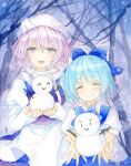  2girls :&gt; ^_^ blue_bow blue_hair bow cirno closed_eyes grin hair_bow highres holding ice ice_wings juliet_sleeves letty_whiterock long_sleeves multiple_girls open_mouth outdoors painting_(medium) puffy_sleeves purple_eyes purple_hair scarf short_hair smile snowman sweet_miuk_tea touhou traditional_media tree upper_body watercolor_(medium) white_headwear white_scarf wings 