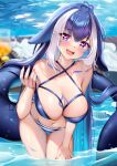  1girl :3 :d ahoge bangs bare_arms bare_shoulders bikini blue_bikini blue_hair blurry blurry_background breasts commentary cowboy_shot criss-cross_halter facial_mark fangs hair_between_eyes halterneck hand_up heart heart-shaped_pupils heart_ahoge highres indie_virtual_youtuber large_breasts long_hair looking_at_viewer nail_polish open_mouth pink_nails purple_eyes shylily smile solo squchan standing stomach swimsuit symbol-shaped_pupils thighs very_long_hair wading water 