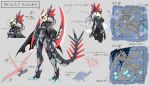  1girl arm_blade armored_bodysuit arms_at_sides arrow_(symbol) artist_request blonde_hair bodysuit commentary_request dinomorphia_kentregina duel_monster forehead_protector full_body grey_background headgear mask mechanical_tail multiple_views official_art orange_eyes production_art reference_sheet see-through short_hair slit_pupils spines standing tail translation_request weapon yu-gi-oh! 