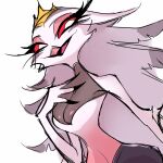  anthro avian beak breasts clothing crown demon dress feathers female helluva_boss hi_res mature_female open_mouth open_smile ryee smile solo stella_(helluva_boss) tongue white_body white_feathers 