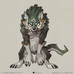  1:1 2022 5_fingers anthro blue_eyes brown_body brown_fur canid canine canis cheek_tuft claws digitigrade ear_piercing ear_ring elranno facial_tuft fangs featureless_crotch fingers front_view full-length_portrait fur fur_markings green_body green_fur link_(wolf_form) male mammal markings muscular neck_tuft nintendo nude open_mouth piercing portrait ring_piercing simple_background solo standing the_legend_of_zelda tuft video_games white_body white_fur wolf 