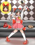 2girls \n/ ascot bag bangs benikurage_(cookie) black_hair blush bow breasts brown_eyes brown_hair checkered_wall closed_eyes collared_shirt commentary_request cookie_(touhou) couch detached_sleeves frilled_bow frilled_hair_tubes frilled_shirt_collar frilled_skirt frills full_body gloves hair_bow hair_tubes hakurei_reimu half_updo handbag holding holding_wand knb_(nicoseiga53198051) looking_at_viewer magical_girl mary_janes medium_breasts midriff multiple_girls navel not_present open_mouth orange_scarf parted_bangs pink_scarf pink_shirt pink_skirt red_bow red_footwear sananana_(cookie) sarashi scarf shirt shoes short_hair sidelocks skirt skirt_set sleeveless sleeveless_shirt smile socks striped striped_scarf thumbs_up touhou wand white_gloves white_sleeves white_socks wide_sleeves yellow_ascot yin_yang 