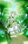  1girl bangs bloomers bracelet cape crystalfly_(genshin_impact) detached_sleeves dress female_child genshin_impact gradient_hair green_cape green_eyes green_hair hair_ornament haragaita_i highres jewelry leaf_hair_ornament long_hair looking_at_viewer multicolored_hair nahida_(genshin_impact) outdoors pointy_ears side_ponytail smile solo toeless_footwear underwear white_bloomers white_dress white_footwear white_hair 