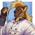  1:1 2022 5_fingers 7theaven absurd_res anthro blue_background border clothing fingers gradient_background hi_res hyaenid kitchen_utensils ladle male mammal signature simple_background solo tools uniform white_border 