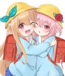  2girls bag bangs blonde_hair blush child commentary english_commentary flower hair_flower hair_ornament hair_ribbon hat highres hug kindergarten_bag kindergarten_uniform long_hair looking_at_viewer multiple_girls name_tag naturegreen_tea nijisanji nijisanji_en one_eye_closed open_mouth pink_eyes pink_hair pomu_rainpuff ribbon rose rosemi_lovelock school_bag school_hat short_hair simple_background virtual_youtuber white_background younger 