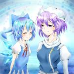  2girls ayukazu bangs blue_bow blue_hair bow cirno closed_eyes closed_mouth hair_bow ice ice_wings juliet_sleeves letty_whiterock long_sleeves looking_at_viewer multiple_girls polearm puffy_sleeves purple_eyes purple_hair scarf short_hair short_sleeves smile snowflakes touhou trident upper_body weapon white_headwear white_scarf wings 