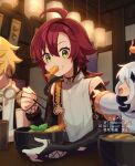  1girl 2boys aether_(genshin_impact) ahoge aiguillette angry armor artist_name bangs bare_shoulders black_choker black_hair blonde_hair blush bowl choker chopsticks collared_shirt commentary_request earrings eating food food_in_mouth food_on_face genshin_impact gold_trim green_eyes hair_between_eyes halo hand_up holding holding_chopsticks indoors japanese_armor japanese_clothes jewelry kote kurokote lantern leaf long_sleeves looking_at_another low_ponytail mole mole_under_eye mouth_hold multicolored_hair multiple_boys multiple_moles open_mouth paimon_(genshin_impact) paper_lantern pointing pointing_at_another ponytail profile red_hair scarf shikanoin_heizou shirt sidelocks sitting sleeveless sleeveless_shirt streaked_hair table tamakibi tempura twitter_username watermark white_hair white_scarf white_shirt wide_sleeves 
