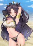  1girl :d absurdres armpits arms_behind_head arms_up bangs bare_shoulders bikini black_bikini black_hair breasts cleavage commission cowboy_shot crown detached_sleeves fate/grand_order fate_(series) gold_trim highleg highleg_bikini highres ishtar jirafuru large_breasts long_hair looking_at_viewer mismatched_bikini navel open_mouth parted_bangs red_eyes smile solo stomach string_bikini swimsuit thigh_gap thighs two_side_up very_long_hair white_bikini 