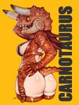  1girl animal_costume animal_head ass back_cutout black_sclera breasts brown_hair carnotaurus character_name clothing_cutout colored_sclera cropped_legs garter_straps hand_on_hip highres horns large_breasts leather medium_hair monster_girl original revealing_clothes scales shoulder_spikes sideboob signature spikes tail thick_thighs thighs wei_(kaminari0411) wide_hips yellow_background yellow_eyes 