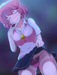  1girl ass_visible_through_thighs bell black_skirt blue_eyes blurry blurry_background blush breasts gyaru hand_up highres licking_lips lifted_by_self looking_at_viewer medium_breasts panties pastel_(twinbee) pink_hair pink_sweater q:re_(bit-test) shirt short_hair side-tie_panties simple_background skirt solo standing sweater sweater_vest tongue tongue_out twinbee underwear white_shirt 