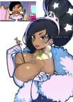  1girl bare_shoulders between_breasts black_hair breasts cleavage collar dark-skinned_female dark_skin detached_sleeves dress earrings english_commentary fur_collar huge_breasts jewelry keiryuu_seo long_hair looking_at_viewer mr_bean mr_bean:_the_animated_series reference_inset standing watermark 