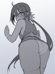  1girl akebono_(kancolle) alternate_costume ass blush cowboy_shot flower from_behind greyscale hair_between_eyes hair_flower hair_ornament kantai_collection long_hair monochrome ninja open_mouth panties side_ponytail solo thighhighs underwear yuki_to_hana 