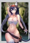  1girl absurdres animal_ears arknights arm_up armpits bangs bare_arms bare_shoulders belt bikini black_belt black_hair blaze_(arknights) blue_eyes blurry blurry_background border breasts cat_ears cat_tail cowboy_shot grey_border groin hairband highres large_breasts long_hair looking_at_viewer navel official_alternate_costume outside_border red_hairband rh_huinai smile solo standing stomach swimsuit tail thighhighs thighs very_long_hair white_bikini 