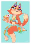  3_toes 4_fingers absurd_res animal_crossing anthro audie_(animal_crossing) barefoot beverage big_breasts blonde_hair blue_eyes breasts canid canine canis chest_tuft claws cleavage clothed clothing container cup digital_media_(artwork) eyewear eyewear_on_head feet female fingers food fur glass hair hi_res holding_beverage holding_object kemokin_mania lemon_slice looking_at_viewer mammal midriff narrowed_eyes navel nintendo open_mouth orange_body simple_background sitting smile solo sunglasses sunglasses_on_head teeth toes tongue topwear tuft video_games wolf 