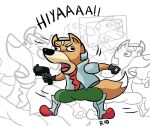  2022 action_pose anthro canid canine canis clothed clothing derp_eyes dialogue english_text fox fox_mccloud fully_clothed fur gloves gun handwear holding_gun holding_object holding_weapon humor male mammal multiple_images nintendo open_mouth pose ranged_weapon rio7 screaming shaded signature simple_background solo standing star_fox tan_body tan_fur text tongue video_games weapon white_background 