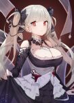  1girl :&lt; azur_lane between_breasts black_dress breasts cleavage cross-laced_clothes dress formidable_(azur_lane) frilled_dress frills grey_hair hair_ribbon highres kiema large_breasts long_hair looking_at_viewer necktie necktie_between_breasts red_eyes ribbon solo twintails two-tone_dress two-tone_ribbon 
