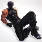  1boy abs baggy_pants bara biceps black_hair boots burn_scar clenched_hand collared_shirt compression_shirt covered_mouth domo_(domo_kizusuki) gloves large_pectorals leather leather_belt leather_boots lying male_focus manly mask mature_male muscular muscular_male on_back one_eye_covered original pants pectorals scar shirt short_hair simple_background sleeveless solo spiked_hair thick_arms tight white_background yellow_eyes 