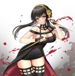  1girl bare_arms bare_shoulders black_dress black_gloves black_hair black_thighhighs blood breasts cleavage cowboy_shot dagger dress dual_wielding fingerless_gloves floating_hair gloves hairband highres holding holding_dagger holding_weapon jirafuru knife large_breasts long_hair looking_at_viewer red_eyes reverse_grip skindentation sleeveless sleeveless_dress smile solo spy_x_family standing thighhighs thighs waist_cape weapon yor_briar zettai_ryouiki 