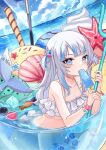  1girl bikini blue_eyes blue_hair bracelet breasts collarbone fish_tail food frilled_bikini frills gawr_gura hair_bobbles hair_ornament highres holding_trident hololive hololive_english ice ice_cream ice_cube in_water innertube jewelry long_hair looking_at_viewer multicolored_hair ocean oversized_food pocky polearm popsicle popsicle_in_mouth scrunchie shark_tail small_breasts solo starfish streaked_hair summer swimsuit tail ten-chan_(eternal_s) trident two_side_up virtual_youtuber water weapon whipped_cream white_bikini white_hair wrist_scrunchie 
