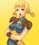  1girl blonde_hair blue_eyes bodysuit braid breasts final_fantasy final_fantasy_xii highres long_hair looking_at_viewer open_mouth penelo seed01010 simple_background solo twin_braids twintails 