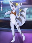  anthro bottomless clothed clothing clothing_lift exposing female flat_chested fur genitals hi_res jakuya_art lombax mammal nipples purple_eyes pussy ratchet_and_clank rivet_(ratchet_and_clank) shirt shirt_lift smile solo sony_corporation sony_interactive_entertainment striped_body striped_fur stripes topwear video_games 