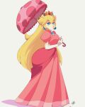  1girl blonde_hair blue_eyes crown delux_drawings dress earrings full_body highres jewelry long_hair mario_(series) parasol pink_dress pink_lips princess_peach solo umbrella 