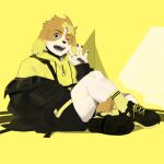  725_hn absurd_res anthro blonde_hair blue_eyes bottomwear canid canine canis clothing domestic_dog floppy_ears hair hi_res hisaki_(live-a-hero) hoodie lifewonders live-a-hero male mammal one_eye_closed pawpads shorts sitting solo topwear video_games wink 