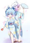  2girls absurdres alternate_costume blue_eyes blue_hair blue_kimono candy_apple cirno folding_fan food full_body hand_fan highres holding holding_fan holding_food japanese_clothes kimono lbcirno9 letty_whiterock looking_at_viewer multiple_girls open_mouth purple_eyes purple_hair sandals sash short_hair simple_background standing touhou white_background white_headwear 