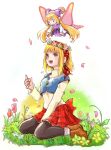  2girls blonde_hair blush closed_mouth cornet_espoir dress earrings fairy flower full_body green_eyes hanimitsu_(bisko) hat highres jewelry kururu_(rhapsody) marl_kingdom multiple_girls open_mouth pantyhose pointy_ears rhapsody short_hair skirt smile wings 