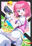  1girl :o ass bell blue_eyes blush bombergirl chain gloves gun highres holding holding_gun holding_weapon looking_at_viewer looking_back omochishiki pants pastel_(twinbee) pink_hair pink_shirt shirt short_hair short_sleeves solo twinbee weapon white_gloves white_pants 