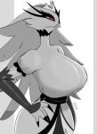  anatid angry anseriform anserinae armwear avian belt big_breasts bird breasts clothing crown female hand_on_hip helluva_boss red_eyes stella_(helluva_boss) swan yamathegod 