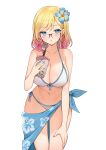  1girl :o absurdres bare_arms bare_shoulders bikini blonde_hair blue_eyes breasts bubble_tea cleavage collarbone commission cup disposable_cup flower front-tie_bikini front-tie_top glasses gradient_hair hair_flower hair_ornament halterneck hand_on_own_thigh highres holding jirafuru large_breasts long_hair looking_at_viewer looking_over_eyewear multicolored_hair navel original over-rim_eyewear parted_lips red-framed_eyewear sarong semi-rimless_eyewear side-tie_bikini simple_background solo standing stomach string_bikini swimsuit thighs white_background white_bikini 
