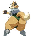  2022 absurd_res anthro big_butt blush bulge butt canid canine clothed clothing fox fox_mccloud green_eyes hi_res huge_butt looking_at_viewer looking_back male mammal nintendo simple_background solo sssonic2 star_fox video_games white_background 