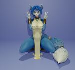  anthro artist_kyra blue_body blue_fur blue_hair canid canine clothed clothing female fox fur gesture hair jewelry krystal mammal nintendo paws solo star_fox tongue tongue_out v_sign video_games 