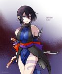  1girl bare_shoulders black_hair breasts dated detached_sleeves dual_wielding elbow_gloves gloves heterochromia hirano_(spreadbomb) holding japanese_clothes large_breasts looking_at_viewer nail_polish ninja red_eyes samurai_spirits shiki_(samurai_spirits) short_hair solo sword tattoo weapon 