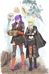  2girls breasts byleth_(fire_emblem) byleth_(fire_emblem)_(female) cleavage cooking_pot emer_game fire_emblem fire_emblem:_three_houses fire_emblem_warriors:_three_hopes fish food fork green_hair hair_over_one_eye highres knife looking_at_another meat midriff multiple_girls navel plate purple_hair sandwich shez_(fire_emblem) shez_(fire_emblem)_(female) smile thought_bubble walking 