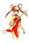  1990s_(style) 1girl absurdres bangs bracelet breasts brown_hair china_dress chinese_clothes dress gold_trim green_eyes highres holding holding_weapon jewelry long_hair mamono_hunter_youko mano_youko medium_breasts official_art retro_artstyle scan simple_background sleeveless solo sword twintails weapon yin_yang 