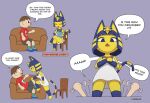  animal_crossing ankha_(animal_crossing) ankha_zone anthro bob_cut chair clothing comic crossed_arms dialogue domestic_cat dominant dominant_female duo eyes_closed featureless_feet felid feline felis female furniture human kalasiris loginaz looking_down looking_up male male/female mammal nintendo notebook pencil_(object) red_clothing sofa stencil stepped_on submissive submissive_male uraeus usekh video_games villager_(animal_crossing) waving_arms wide_eyed 