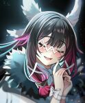  1girl black_hair bow bowtie closed_eyes columbina_(genshin_impact) eye_mask facing_viewer fur_collar genshin_impact gradient_hair head_wings highres jirafuru multicolored_hair open_mouth red_hair smile solo streaked_hair upper_body white_mask 