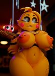  2022 3d_(artwork) absurd_res animatronic anthro areola avian big_areola big_breasts bird blurred_background bracelet breasts chicken cupcake_(fnaf) digital_media_(artwork) female five_nights_at_freddy&#039;s five_nights_at_freddy&#039;s_2 galliform gallus_(genus) genitals geodat64 glowing glowing_eyes hi_res jewelry machine mammal navel nipple_piercing nipples orange_areola orange_nipples phasianid piercing pink_cheeks plate pussy robot scottgames sharp_teeth solo teeth thick_thighs toy_chica_(fnaf) video_games yellow_body 