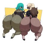  anthro ass_to_ass barefoot big_butt blonde_hair bottomless butt clothed clothing feet female genitals gesture green_hair hair hair_over_eyes hi_res huge_butt jazzy_(xingscourge) looking_at_viewer looking_back mammal nella_(sssonic2) pilosan pussy shirt sloth smile sssonic2 thick_thighs topwear waving wide_hips xenarthran xingscourge 